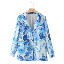 Women's Suits Spring 2024 Casual Blue Jacket Women Long Sleeve Coat Print Blazers Suit Woman Clothing