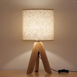 Table Lamps Small Bedside Lamp - Wooden Tripod Nightstand For Bedroom Living Room Office Home With Fabric Linen Shade