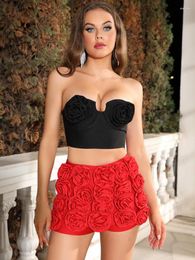 Women's Two Piece Pants Luxury Women Celebrity Sexy Strapless Flower Black Red Bodycon Bandage Set 2024 Elegant Evening Club Party Outfits