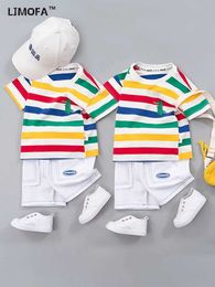 Clothing Sets LJMOFA Summer Cute Cartoon Dinosaur Fashion Childrens T-shirt+Shorts Baby Boys and Girls Clothing Set New Childrens Athletic Clothing D430 d240514