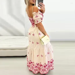 Party Dresses Elegant Off Shoulder Strapless Pleated Long Dress Women Fashion Flower Print Bohemian Casual Short Sleeve Maxi