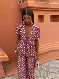 Women's Two Piece Pants Print Set Women Bow Lace Up Short Sleeve Loose Top High Waist Wide Leg Suit Female 2024 Summer Beach Lady Outfit