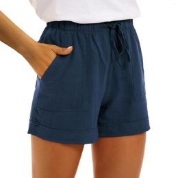 Women's Shorts Cotton Linen Short Pants Womens For Summer Casual Elastic Waist With Pockets Drawstring High