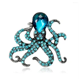 Brooches Octopus Enamel Pin Blue Rhinestones Pins For Women Men Cute Sea Animal Crystal Jewellery Accesseries Gift