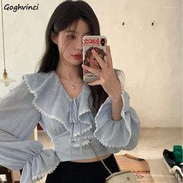 Women's Blouses Women V-neck Lace-up Design Cropped All-match Charming Elegant Ins Casual Chic Ruffles Long Sleeve Korean Trendy Spring