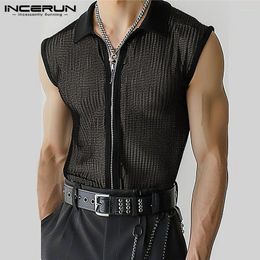 Men's Tank Tops INCERUN 2024 American Style Mens Sexy Hollow See-through Zipper Design Vests Leisure Thin Lapel Sleeveless S-5XL