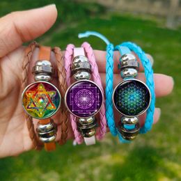 Metatron Cube Charm Bracciale in pelle geometria sacra Sri Yantra mandala Art Glass Photo Chakra Bangles per uomini donne