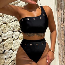 Women's Swimwear 2024 Hole Swimsuit For Women Solid Color Black Bikini High Waist Single Shoulder Backless Bathing Suit Summer