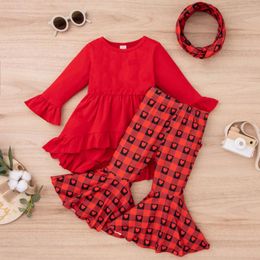 Clothing Sets FOCUSNORM Valentines Days 3pcs Baby Girls Clothes 0-4Y Ruffles Long Sleeve Dress Tops Heart Plaid Flare Pants Scarf