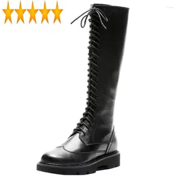Boots Women Genuine Leather Knee Fashion Lace Up Thick Platform Flats Winter Fleece Lining High Top Knight Riding
