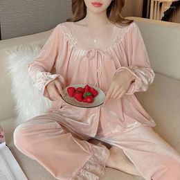 Home Clothing Women Autumn Winter Fleece Pajama Set Buttons Long Sleeve Fashion Warm Casual Cardigan Coral Pink Soft Wear Clothes