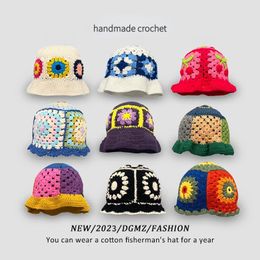 Korea Crochet Hollow Flower Bucket Hat Women Cotton Handmade Knitting Hat Japanese Girl Autumn Sweet Cute Y2k Fisherman Hat 240509