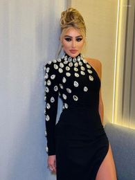 Casual Dresses Celebrity Sexy Single Sleeve Rhinestone Black Maxi Long Bodycon Bandage Dress Elegant Evening Club Party