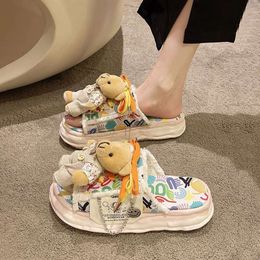 Cute teddy bear thick sole slippers for women wearing beach shoes. New summer 2024 canvas half slipper milk fufu shoes