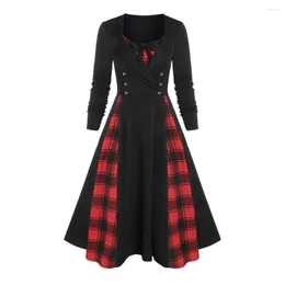 Casual Dresses Women O-neck Long Sleeve Midi Dress Plaid Print Stitching Double Breasted Bowknot Decor Skater Hem A-Line Night Party Stre