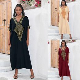 Loose Embroidery Beach Dress Swimsuit Bikini Cover Up For Women V Neck Short Sleeve Kaftan Robe Casual Beachwear Top Cover-Ups