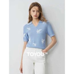 Women's Blouses Shirts TOYOUTH Womens Knitted Shirt 2024 Summer New Swan Jacquard V-shaped POLO Neck Short Slved Top Y240510