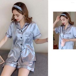 Home Clothing Summer Short-sleeve Pajama Set Women's With Turn-down Collar Chest Pocket Elastic Waist 2 Piece For Comfort