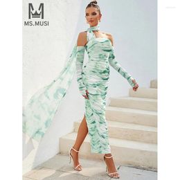 Casual Dresses MSMUSI 2024 Fashion Women Sexy Halter Off The Shoulder Printing Lace Fold Long Sleeve Bodycon Party Club Event Midi Dress