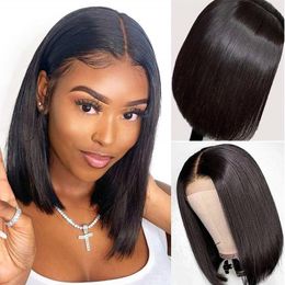 Europe and America Short Straight Bob Human Hair Wig with Baby Hairs Brazilian Pre-Plucked Lace Front Synthetic Wigs For Women Girls