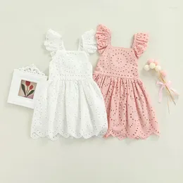 Girl Dresses 1-5years Toddler Girls Summer Dress Solid White Pink Lace Hollow-Out Square-Neck Flying Sleeve Princess Party For Kid