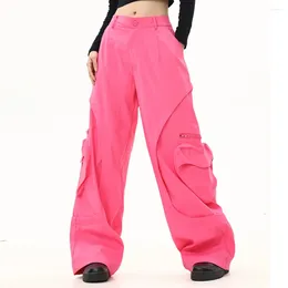 Women's Pants 2024 Blue Pink Wide Leg Cargo Women -shaped Pocket Zipper Patchwork Design High Street Casual Trousers