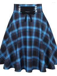 Skirts 2024 Vintage Punk Blue Plaid Printed Mini Skirt Harajuku Women's High Waist A Line Gothic Emo Alt Y2K Grunge Pleated
