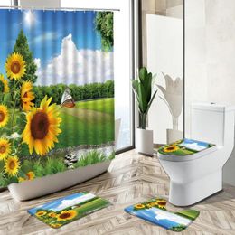 Shower Curtains Sunflower Flower Pattern Curtain Blue Sky White Clouds Summer Pastoral Creek Scenery Rug Toilet Cover Bathroom Deco Set