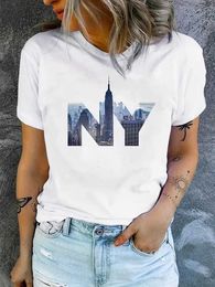 Women's T-Shirt Women T Shirt Cartoon NY Letter Print Crop Top Crew Neck Loose Female Summer Casual T 90s Girls Graphic Cute Short Slves Y240509