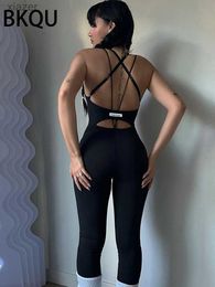 Women's Jumpsuits Rompers BKQU Fitness Sports jumpsuit Womens Sexy Sleeveless Backless Cover Hollow Shoulder Fitness One Piece jumpsuit WX