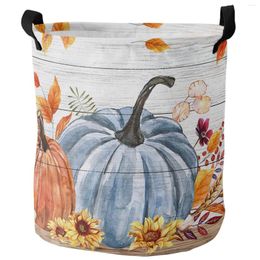 Laundry Bags Thanksgiving Autumn Blue Pumpkin Foldable Basket Large Capacity Waterproof Clothes Storage Organiser Kid Toy Bag