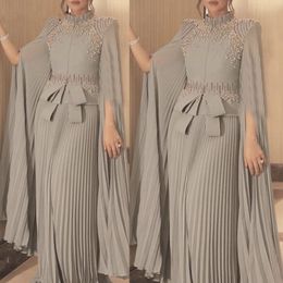 Muslim Arabic Dubai Kaftan Chiffon Pleats Formal Evening Dresses Pearls Beaded High Neck Elegant A Line Prom Party Gowns Bow Moroccan C 272L