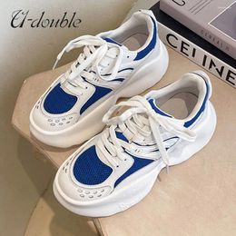 Casual Shoes U-DOUBLE Summer Chunky Sneakers Women Flat Platform Lightweight Lace-up Round Toe Trainers In Blue/Gray