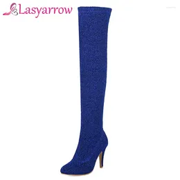 Boots Lasyarrow Sexy Stretch Long Women's Shoes Elegant Fashion Black Red Thigh High Stiletto Gold Silver Heels
