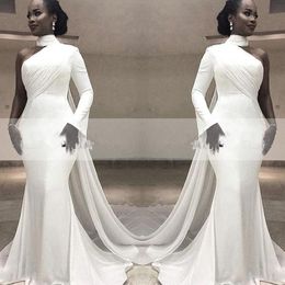 African White High Neck Satin Mermaid Evening Dresses One Shoulder Ruched Sweep Train With Wrap Formal Party Red Carpet Prom Gowns 253A