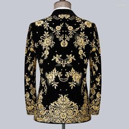 Men's Suits Mens Gold Floral Embroidery Dress Suit Jacket Brand Mandarin Collar Slim Fit Tuxedo Blazers Wedding Party Dinner Costume Homme