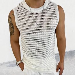 Fashion Knit Tank Tops Men Streetwear Summer Leisure Hollow Out Knitting Camisole Sleeveless Crew Neck Solid Mens Vest Vintage 240513