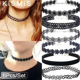 Chokers KISMIS 6-piece/set black lace necklace set vintage Gothic punk elastic necklace womens jewelry 1 set d240514