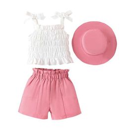 Clothing Sets 1-5years Girls 3 Piece Summer Set Square Neck Shirred Tie Up Cami Tops + Elastic Waist Shorts + Cap Toddler Little Kids Outfits