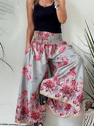 Women's Pants 2024 Summer Casual Women Pant Pleated Patchwork Elastic Waist Print Trousers Holiday Streetwear Lady Pocket Wide Leg