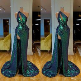 Glitter Green Evening Dress One Shoulder Sleeveless Sequins High Split Ruffle Floor Length Formal Party Gowns Custom Made Long Prom Dre 258t