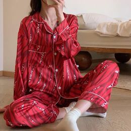 Home Clothing Wedding Robes Red Pajama Set For Women Spring Two Pieces Long Sleeve Sleepshirt Pants Casual Silk Sleepwears Daily High-end