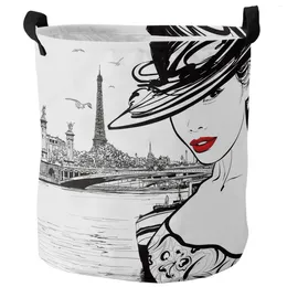 Laundry Bags Paris Seine Woman Eiffel Tower Red Lips Foldable Basket Large Capacity Waterproof Storage Organiser Kid Toy Bag