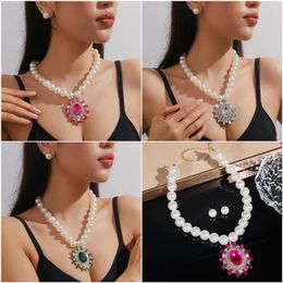 Choker Imitation Pearl Geometry Elliptical Crystal Necklace Earrings Colored Fashionable Exaggerated Neck