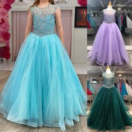 Glitter Tulle Girl Pageant Dress Ballgown Beading Bodice Hunter Emerald Aqua Lilac Infant Toddler Mini Prom Gown Birthday Holiday Party Wear Scoop Neck Lace-Up Back