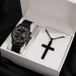 Wristwatches Mens Minimalist Fashion Ultra Thin Watch Simple Men Business Black Mesh Belt Quartz Wristwatch Necklace Luminous Clock Watches