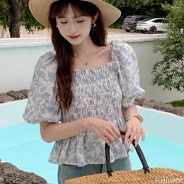 Women's Blouses 2024 Summer Korea Chic Short Crop Peplum Tops Blusas Fashion FLHJLWOC Design Floral Print Sexy Off Shoulder Women