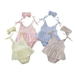 Rompers Summer Baby Girls Clothes Bandage Daisy Print Romper Jumpsuits Dress Headband Cotton Linen Outfits