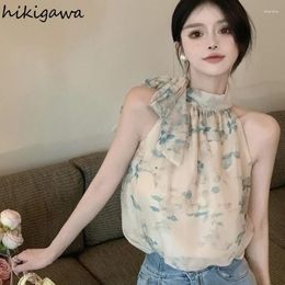 Women's Blouses Sleeveless Floral Women Shirts 2024 Blusas Mujer De Moda Bandage Bow Vintage Loose Summer Chiffon Fashion Blouse Tops