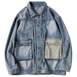 Japanese Tooling Retro Washed Denim Jacket Spring Autumn Mens Fashion All-match Denim Jacket Motorcycle Denim Jacket Garment 240514